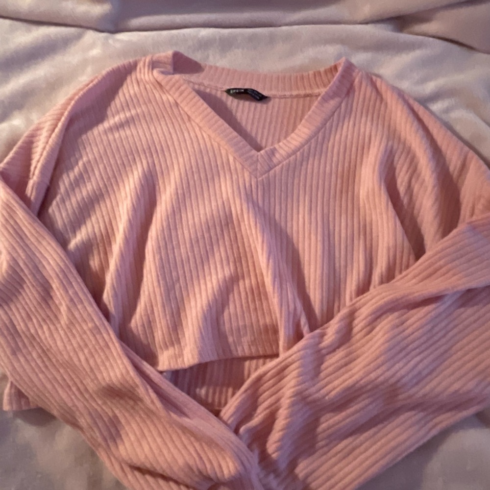 pink , cropped, v- neck, sweater, shein, size s